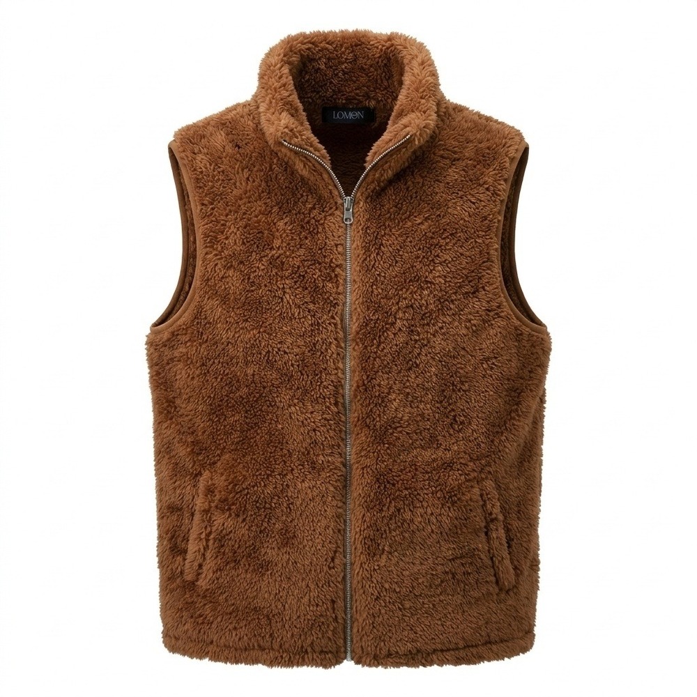 LOMON Fleece Vest Women Medium Sherpa Full Zip Brown Solid Regular Fit New